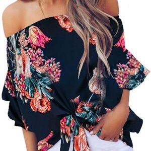 Asvivid Floral Off The Shoulder Top Flutter Sleeve Tie Front Blouse Navy Blue